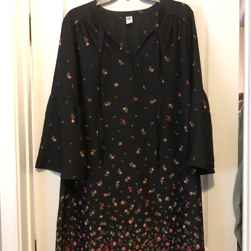 Black dress w/ small red flowers and bell sleeves